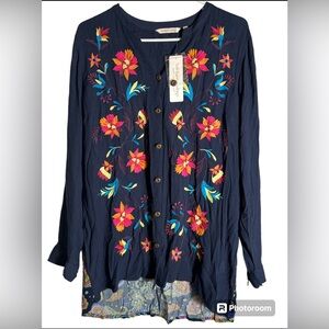 Soft Surroundings Womens Button Front Tunic Top Boho Embroidered Crinkle